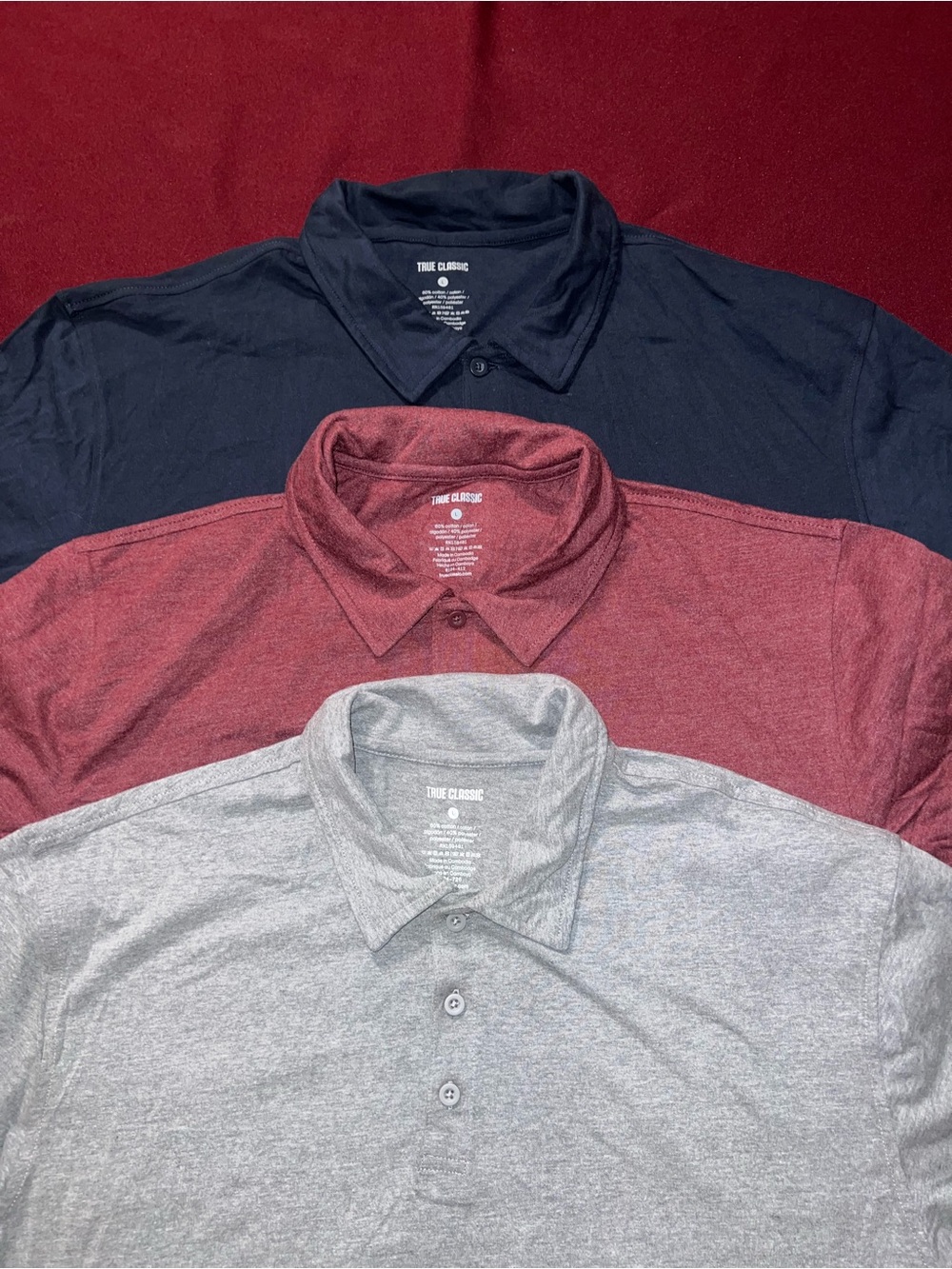 True Classic Polo Shirt Navy Blue, burgundy light Gray Heather size Large
